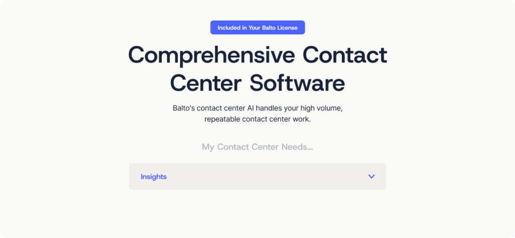 Screenshot of Balto’s Comprehensive Contact Center Software headline and license notice