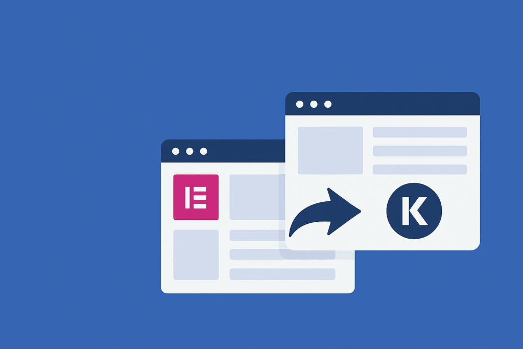 Illustration of Elementor and Kadence browser windows with an arrow representing site migration